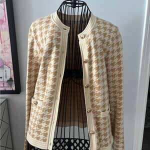 Simons Cream & Tan Houndstooth Knit Cardigan Jacket